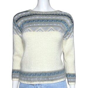 Vintage 80s Aly Marka Off White Blue Ski Sweater Preppy Nordic Scandi Knit XS